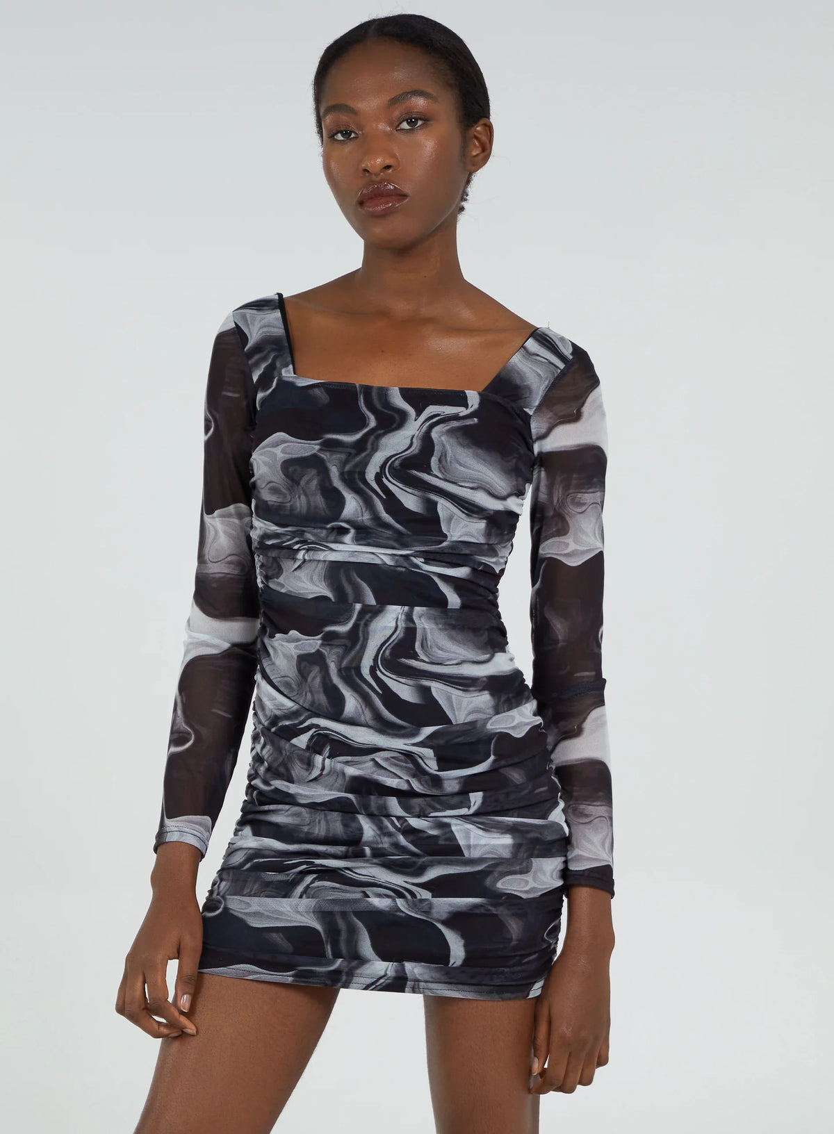 Mesh Marble Long Sleeve Mini Dress