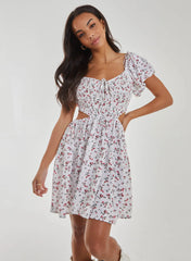 Floral Puff Sleeve Cut Out Dress