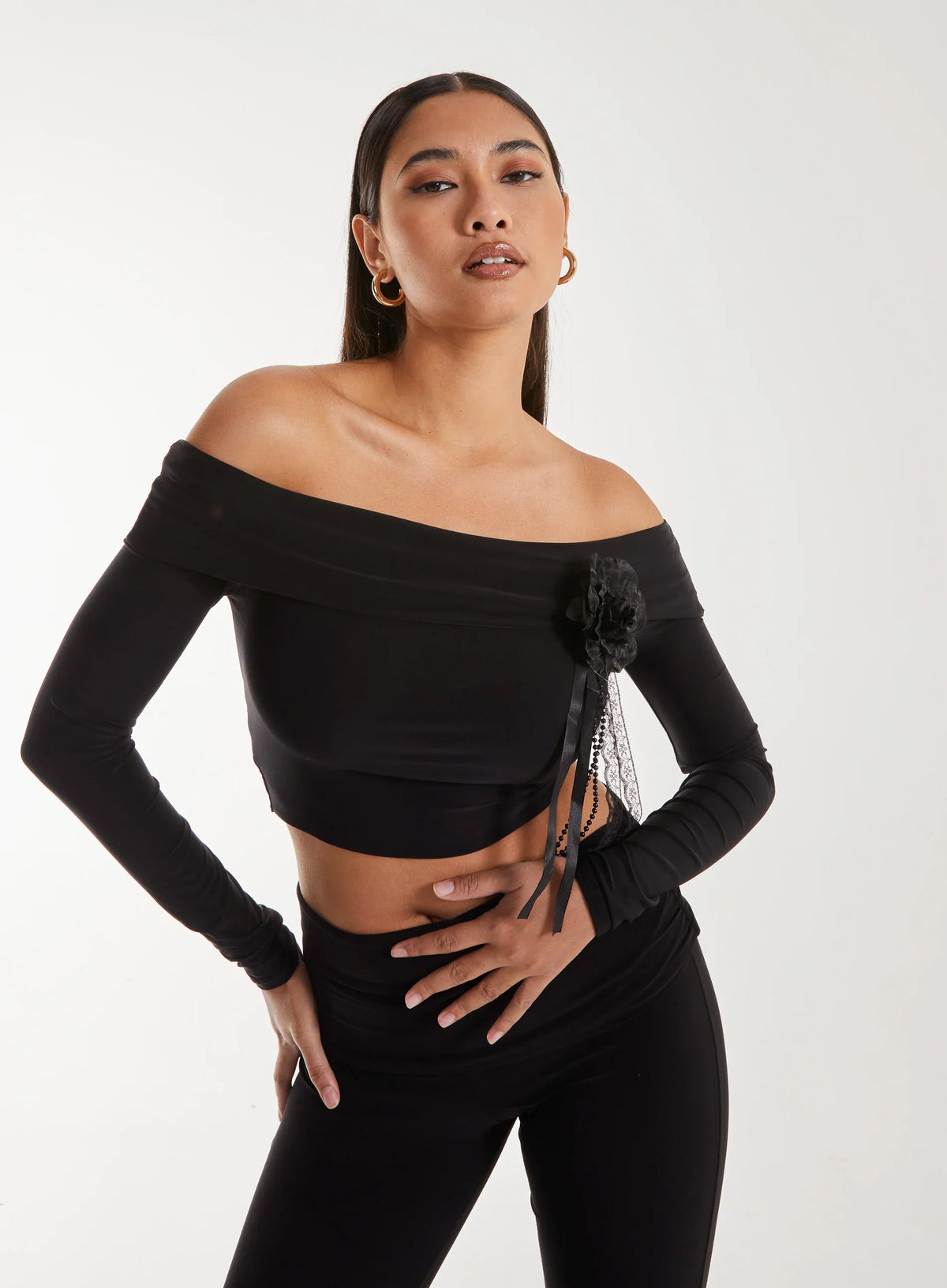 Corsage Detail Bardot Long Sleeve Top