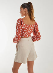 Floral Printed Milkmaid Long Balloon Sleeve Top