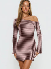 Adrietta Long Sleeve Off Shoulder Mini Dress Chocolate / Pink Stripe