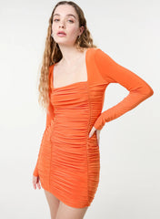 Square Neck Long Sleeve Gathered Mini Dress