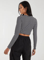 Striped Rib Letterbox Long Sleeve Crop Top
