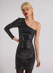One Shoulder Ruched Sleeve Sparkle Dress