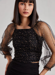 Glitter Ruched Top With Sheer Balloon Sleeve