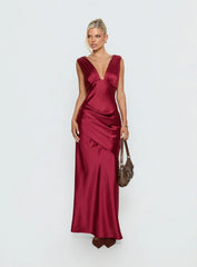 False Alarm Plunge Asymmetrical Pleat Maxi Dress Red