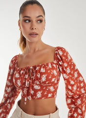 Floral Printed Milkmaid Long Balloon Sleeve Top