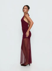 Desta Halter Sheer Maxi Dress Burgundy