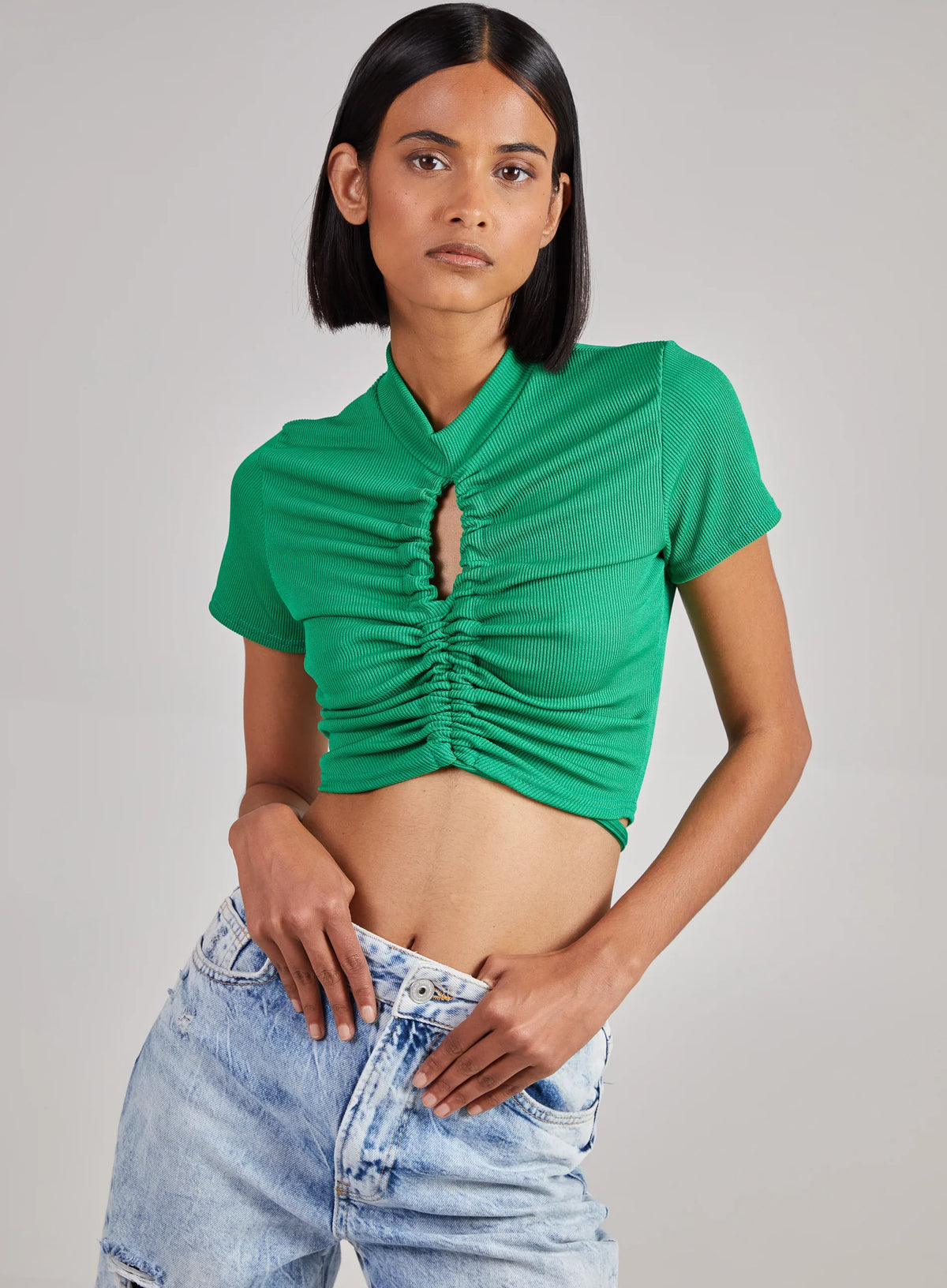Short Sleeve Gathered Keyhole Ribbed Top