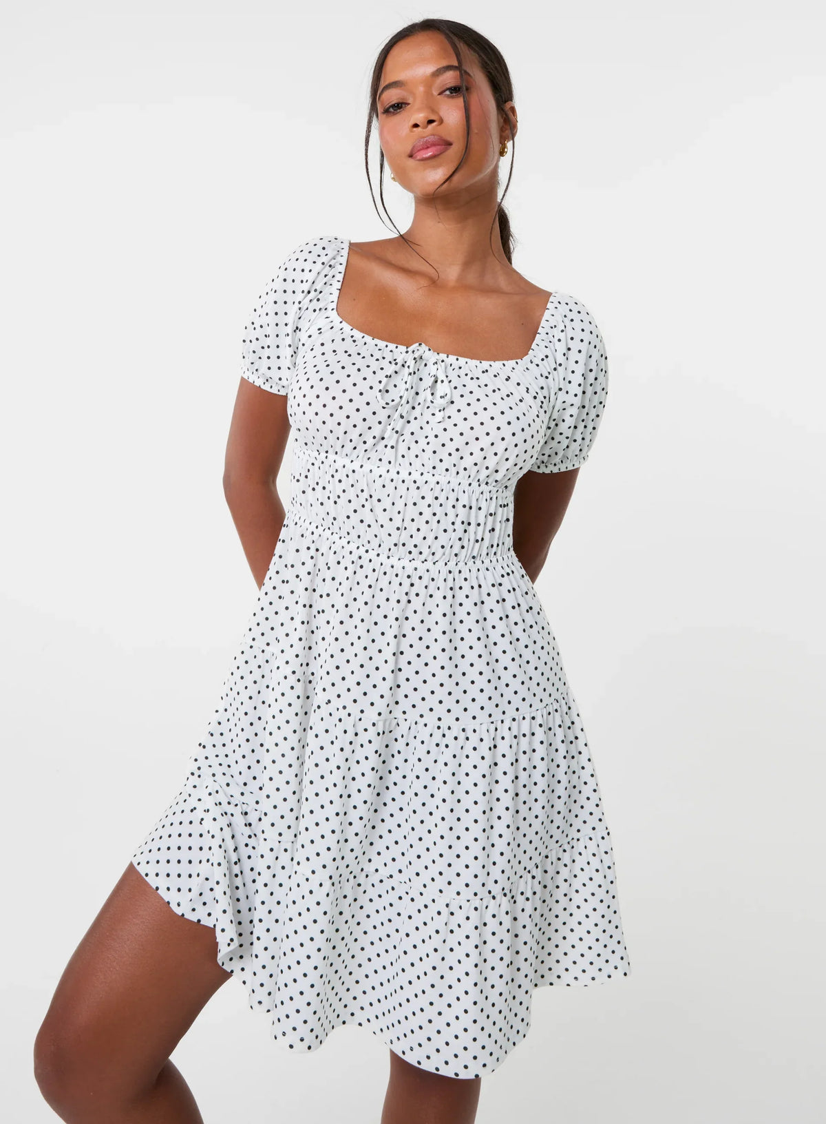 Puff Sleeve Polka Dot Tiered Mini Dress