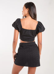 Lace Up Corset Puff Sleeve Broderie Crop Top