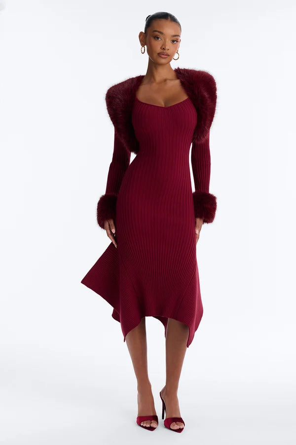 Rare Catch Fur Cardigan Sweater Midi Dress Set