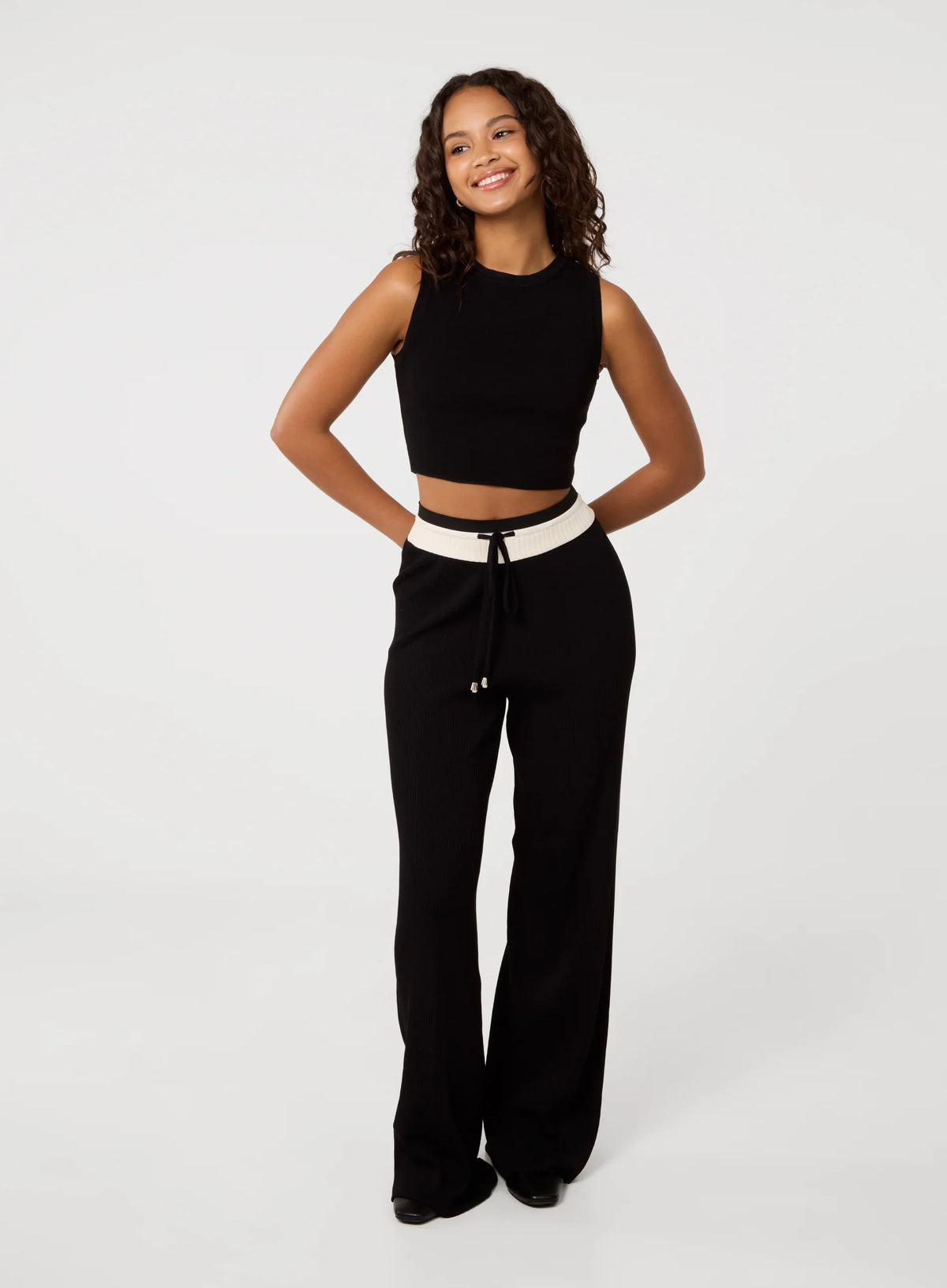 Ribbed Contrast Waist Wide Leg Joggers