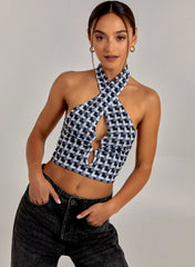 Geometric Print Cut Out Halterneck Top