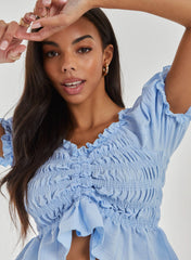 Ruched Puff Sleeve Frill Trim Top