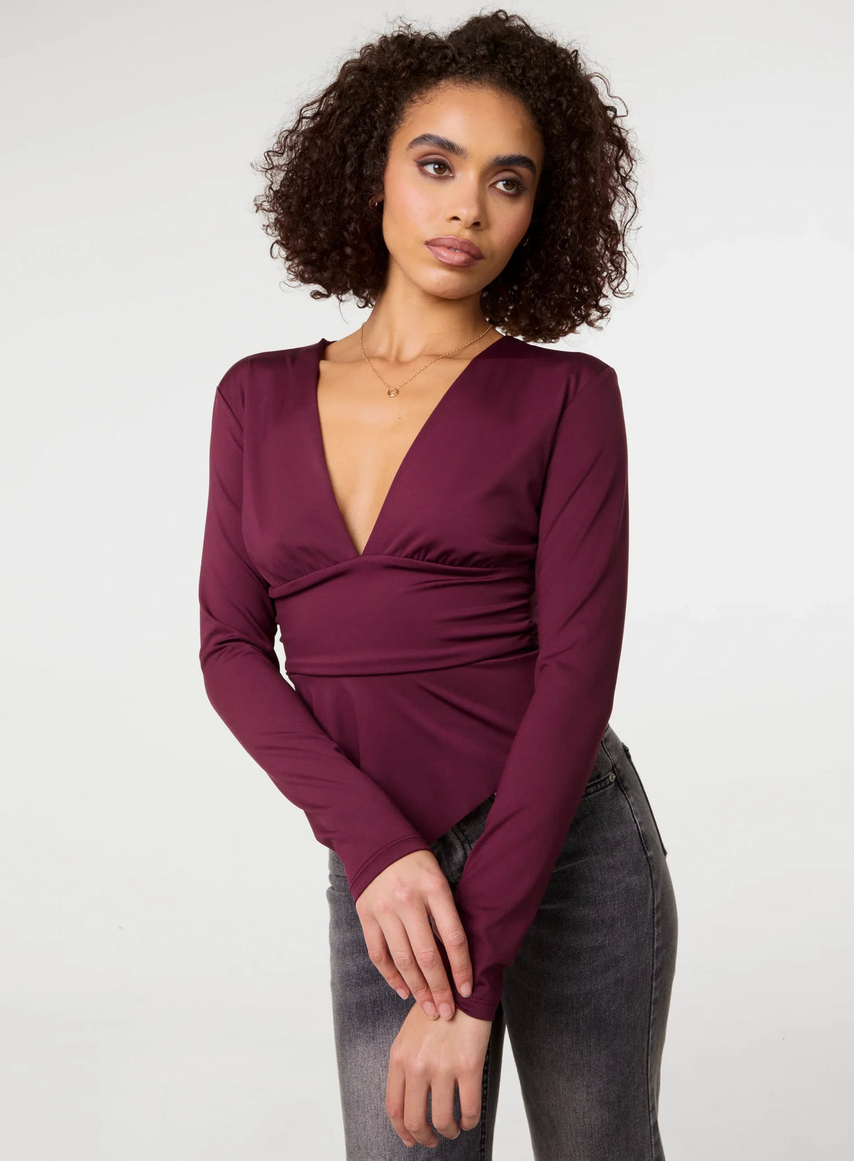 Stretch V Neck Hanky Hem Top