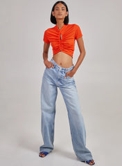 Short Sleeve Gathered Keyhole Ribbed Top