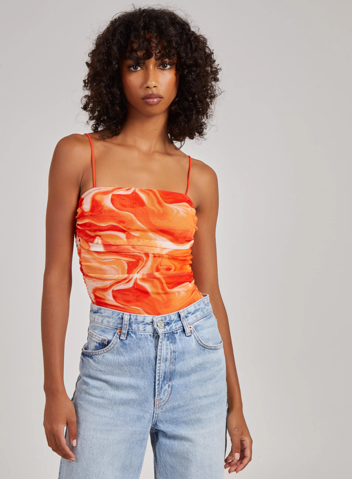 Mesh Marble Ruched Cami Strap Bodysuit