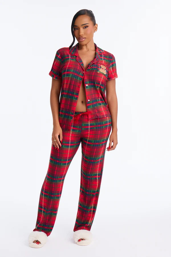 Late Night Sleep Plaid Short Sleeve PJ Pant Set