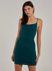 Cowl Neck Ruched Slinky Mini Dress