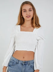 Cropped Ruched Top With Balloon Sleeves