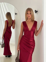 False Alarm Plunge Asymmetrical Pleat Maxi Dress Red