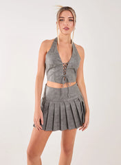 Washed PU Tie Detail Corset Top