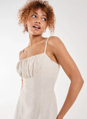 Linen Ruched Strappy Mini Dress