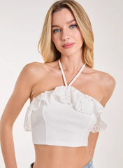 Halter Neck Broderie Frill Hem Crop Top