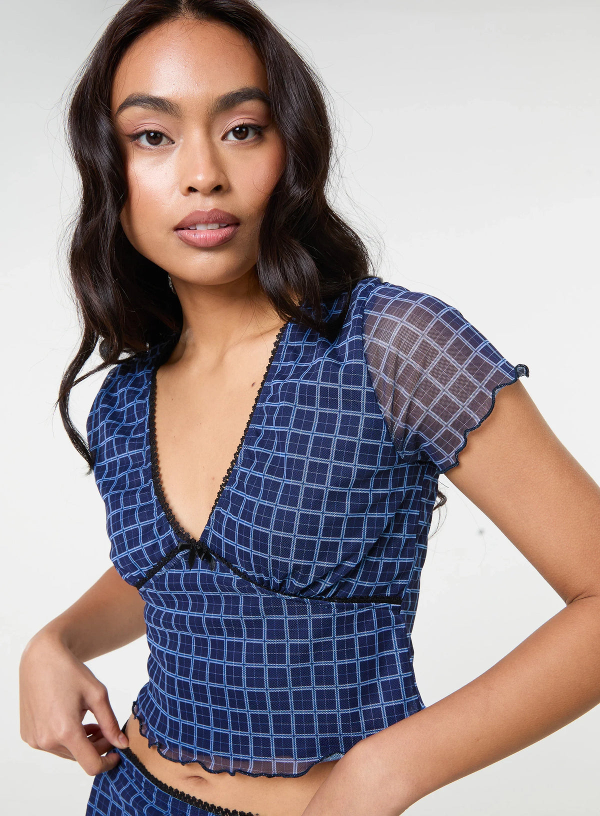Check Cap Sleeve Crop Top