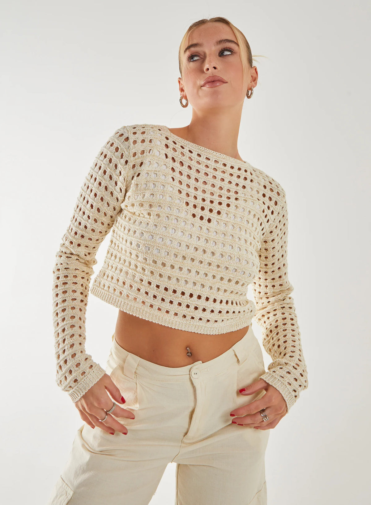 Metallic Long Sleeve Crochet Top