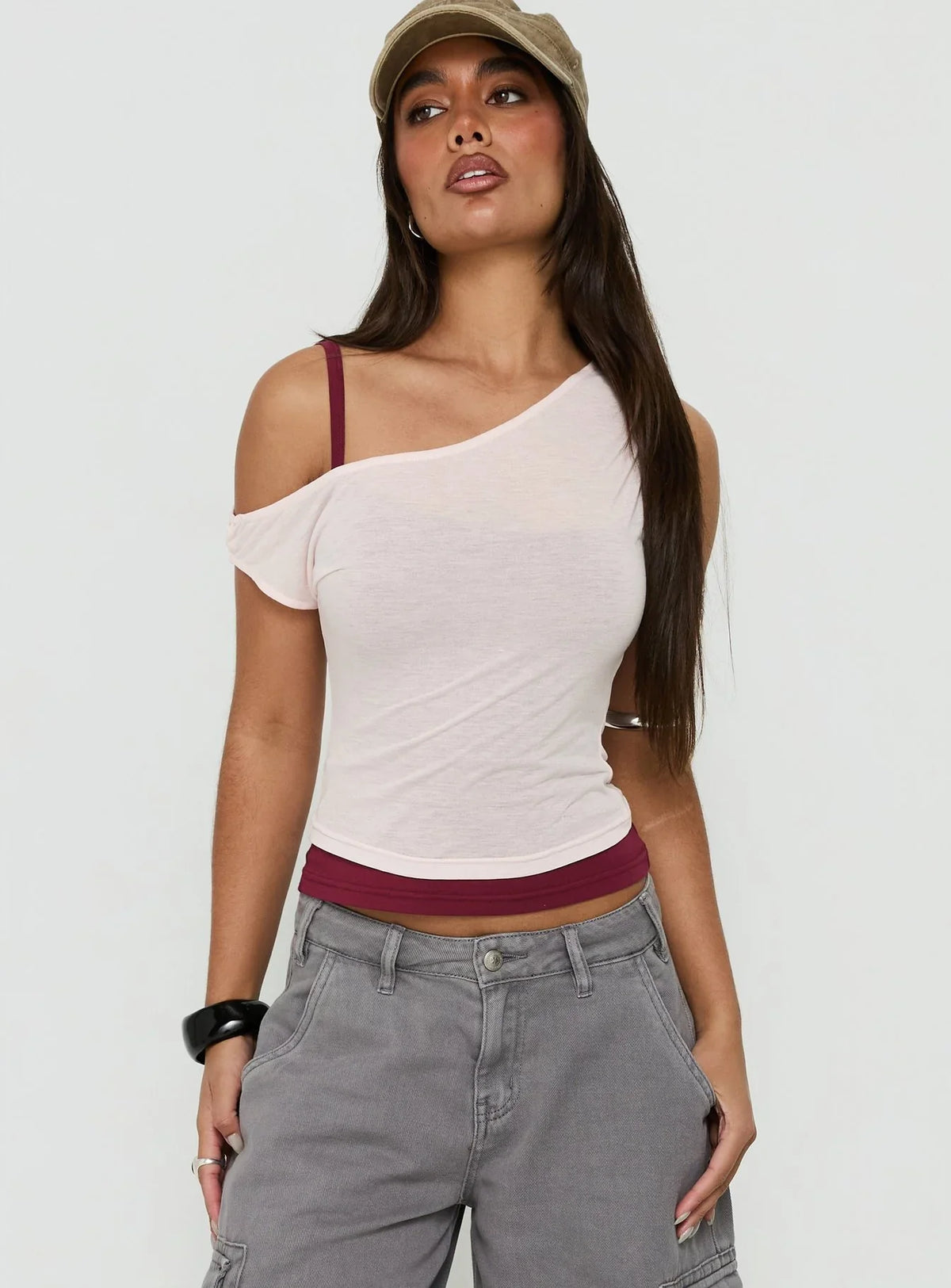 Klaretta Off Shoulder Draped Layered Top Pink / Burgundy