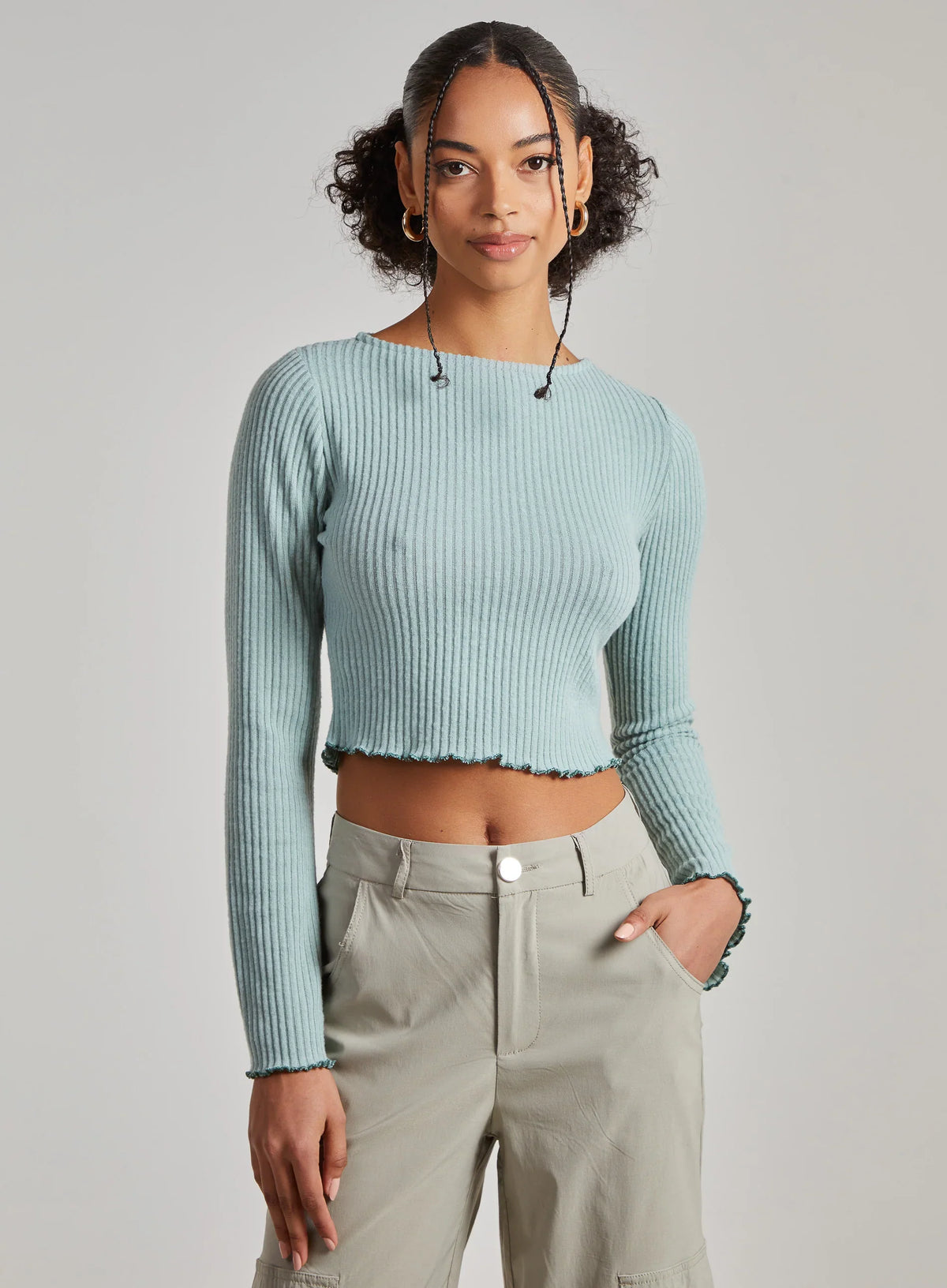 Soft Wide Brushed Ribbed Lettuce Hem Long Sleeve Top