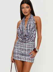 Devora Halter Plunge Mini Dress Blue Plaid Multi