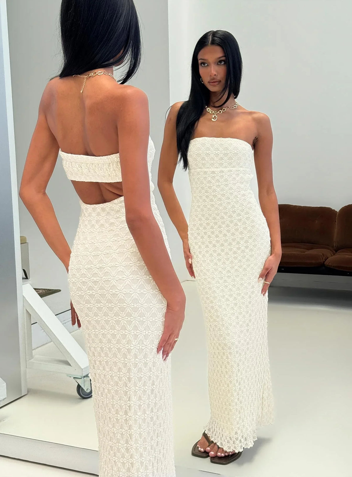 Aryela Strapless Textured Maxi Dress Cream
