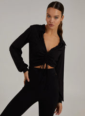 Ribbed Ruched Long Sleeve Collared Shirt