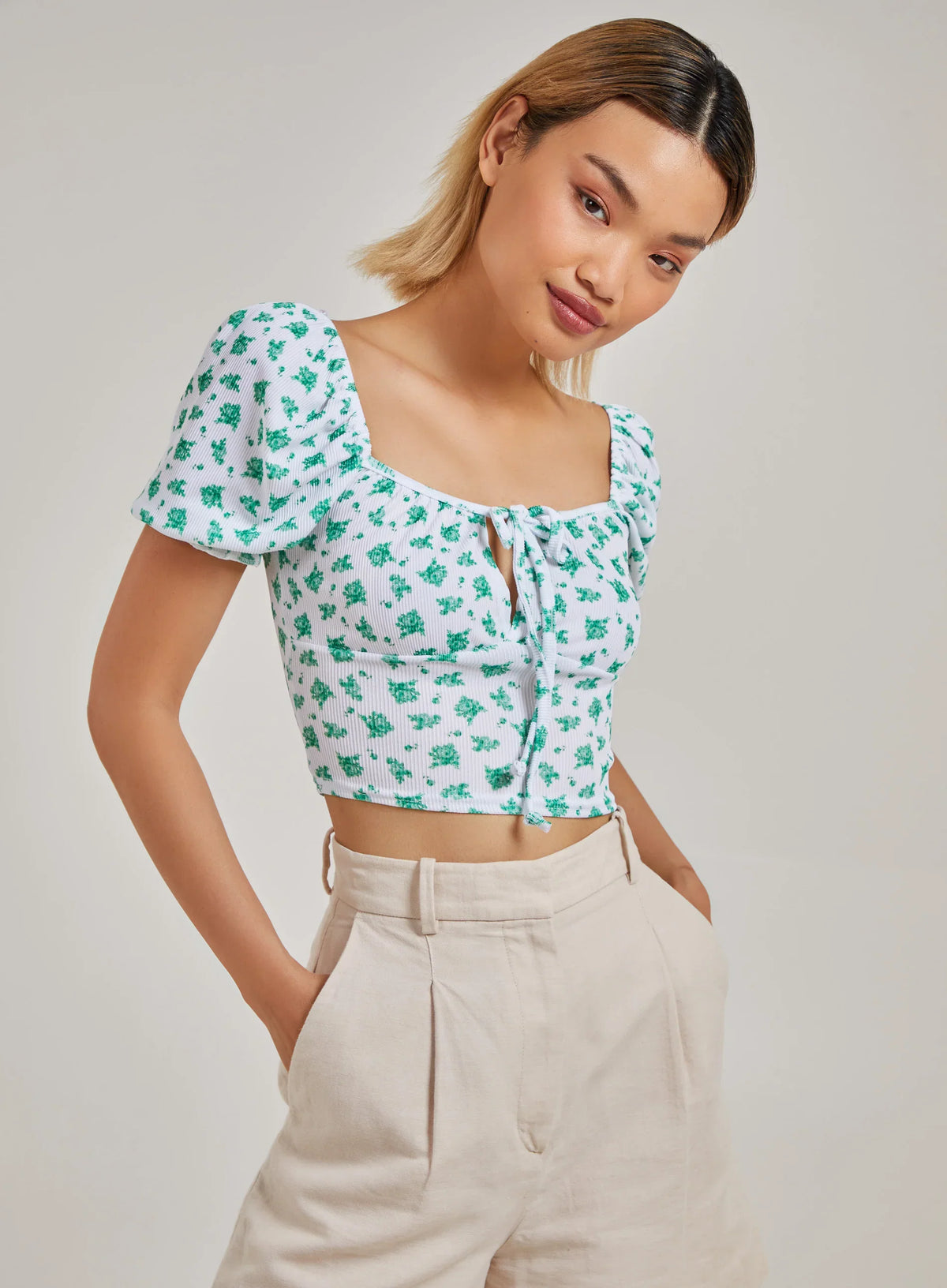 Floral Tie Detail Puff Sleeve Top