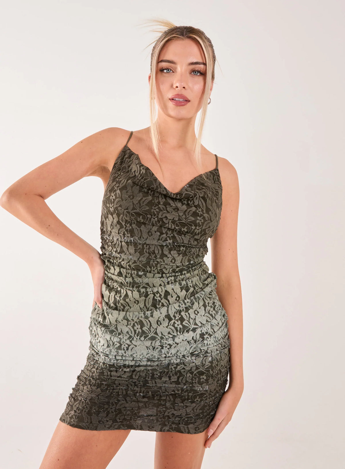 Lace Cowl Ombre Mini Dress
