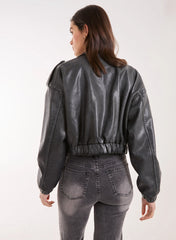 PU Utility Cropped Bomber Jacket