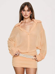 Moonrising Long Sleeve Sheer Blouson Mini Dress Soft Orange