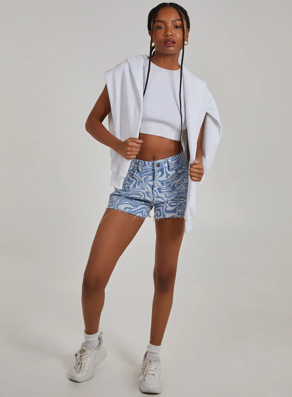 Swirl Print Denim Shorts