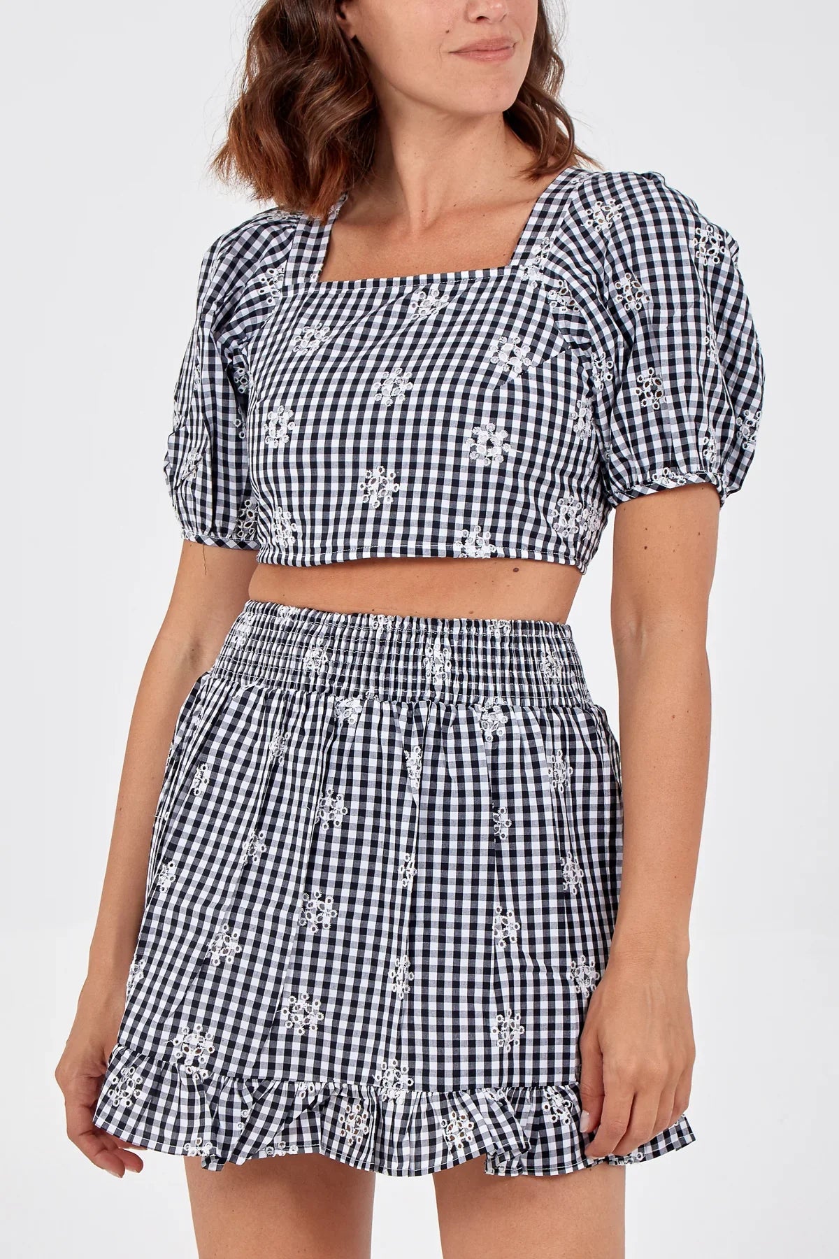Lace Back Gingham Crop Top & Mini Skirt Set