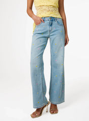Allover Embroidered Flower Wide Leg Jeans