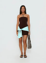 Teeah Strapless Tie Detail Contrast Mini Dress Brown / Blue
